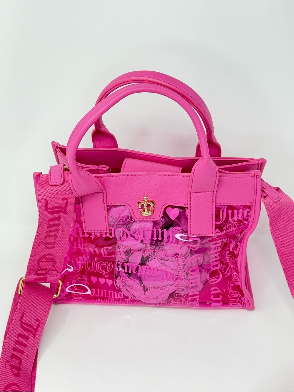 Juicy Couture Hot Pink Transparent Shoulder Tote with Crown Charm